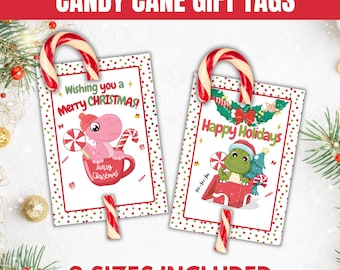 Etichetta regalo di Natale a forma di bastoncino di zucchero, etichette regalo per bambini a forma di bastoncino di zucchero, porta-regalo a forma di bastoncino di zucchero, regalo per l'aula di Natale, etichette stampabili con dinosauri