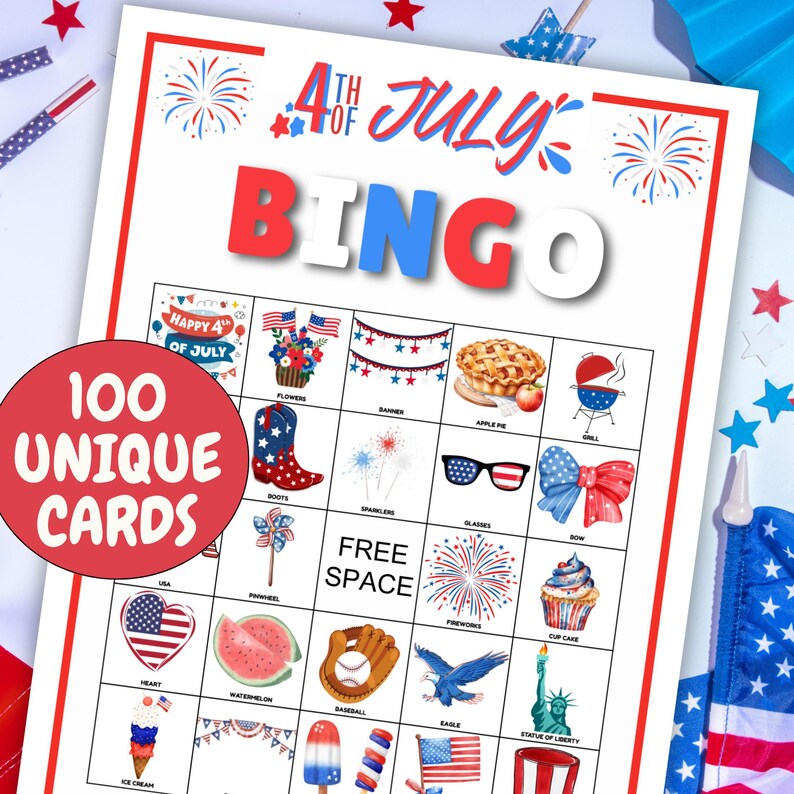 100 Fourth of July BINGO Game, BINGO Printable Family Game, Patriotic ...