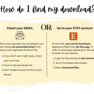 May include: A graphic with instructions on how to find a digital download on Etsy. The graphic shows two options: check your email or go to your Etsy account. The graphic includes icons of an email and the letter E.