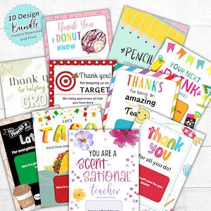 Paquete de portatarjetas de regalo imprimibles de agradecimiento para maestros, tarjeta de regalo para maestros, agradecimiento para maestros, regalo de fin de año para maestros, días festivos de cumpleaños