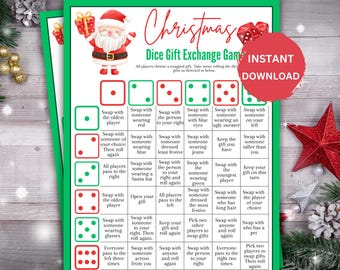 Juego de dados para intercambiar regalos de Navidad, juego de intercambio de regalos de Navidad, divertidos juegos de intercambio de regalos para fiestas navideñas, juego de fiesta grupal, juego de Navidad imprimible