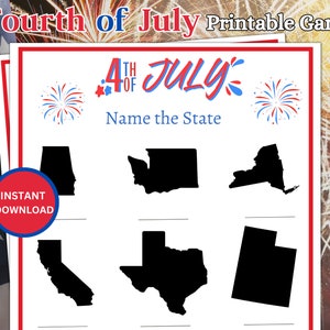 Juego de nombre del estado del 4 de julio, juegos familiares imprimibles, juegos de fiesta patriótica para niños y adultos, juegos imprimibles de actividades del 4 de julio