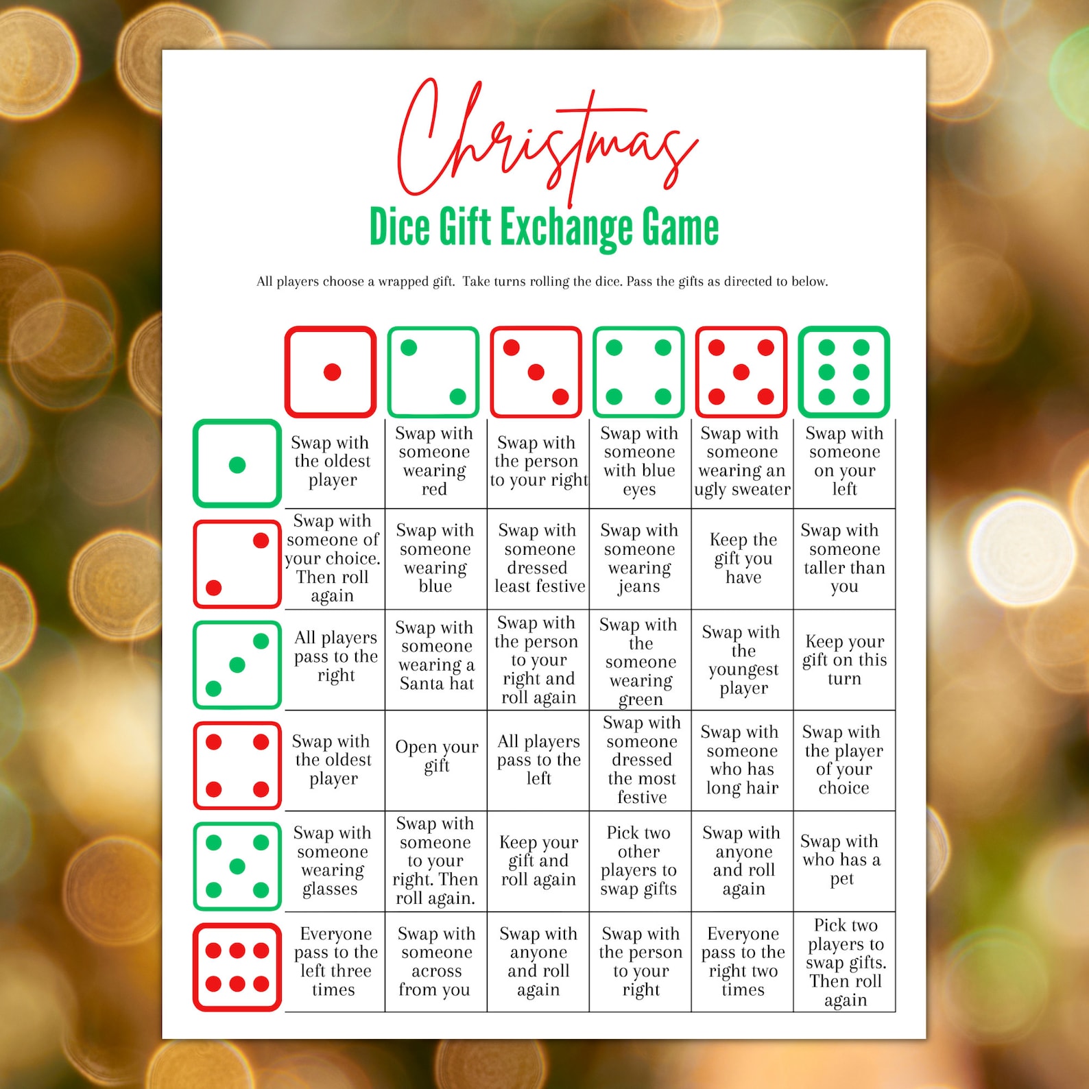 Christmas Gift Exchange Dice Game, Xmas Gift Swap Game, Fun Holiday