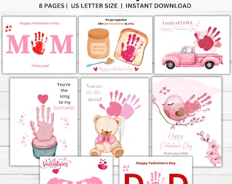 May include: Eight printable Valentine's Day cards featuring handprint art. The cards include designs like a heart, a cupcake, a teddy bear, a truck, a bird, and the words "MOM" and "DAD".