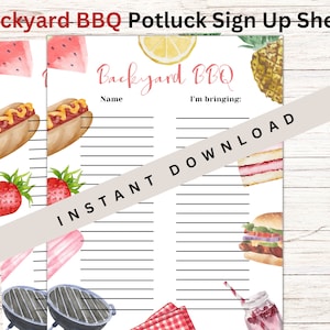 Backyard BBQ Potluck Sign Up sheet, Summer potluck sheet, church potluck, Summer cookout, BBQ, holiday dinner, printable sign up sheet,