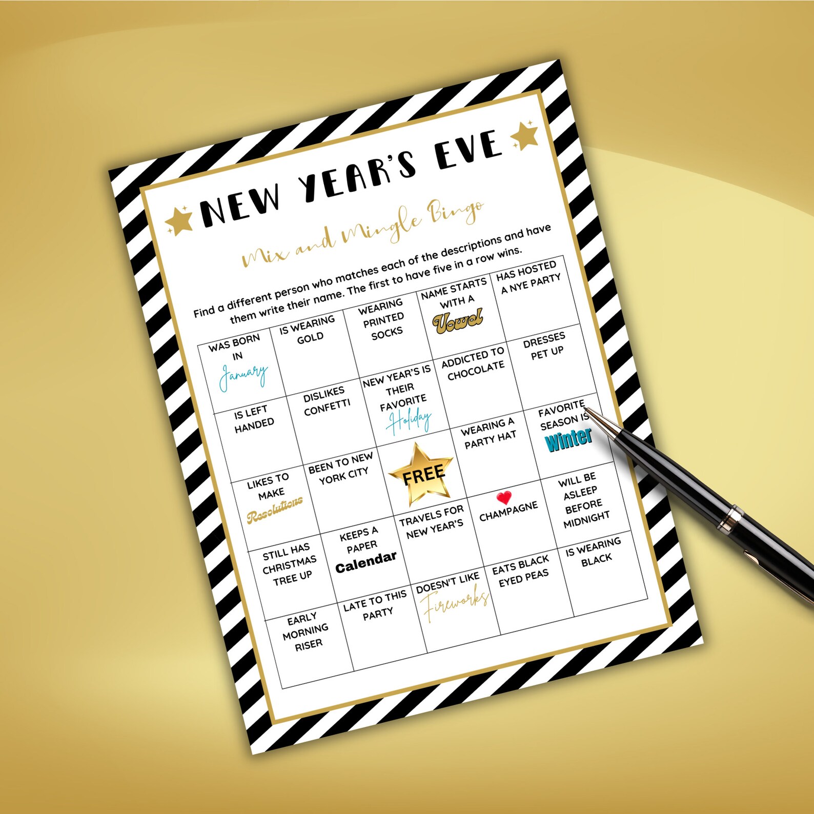 New Years Mix & Mingle Bingo Game, New Years Eve Party Game, New Years ...