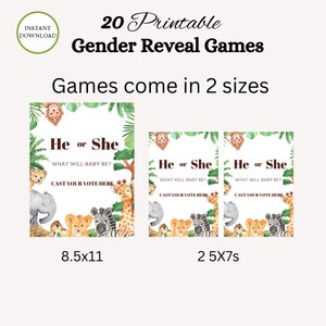Peut inclure: Cartes de jeu de r&eacute;v&eacute;lation de sexe imprimables sur le th&egrave;me de la jungle avec des animaux comme une girafe, un z&egrave;bre, un lion et un singe. Les cartes sont disponibles en deux tailles&nbsp;: 8,5&nbsp;x&nbsp;11&nbsp;pouces et 2&nbsp;5&nbsp;x&nbsp;7. Le texte sur les cartes indique&nbsp;: &laquo;&nbsp;He or She&nbsp;? What will baby be&nbsp;? Cast your vote here.&nbsp;&raquo;