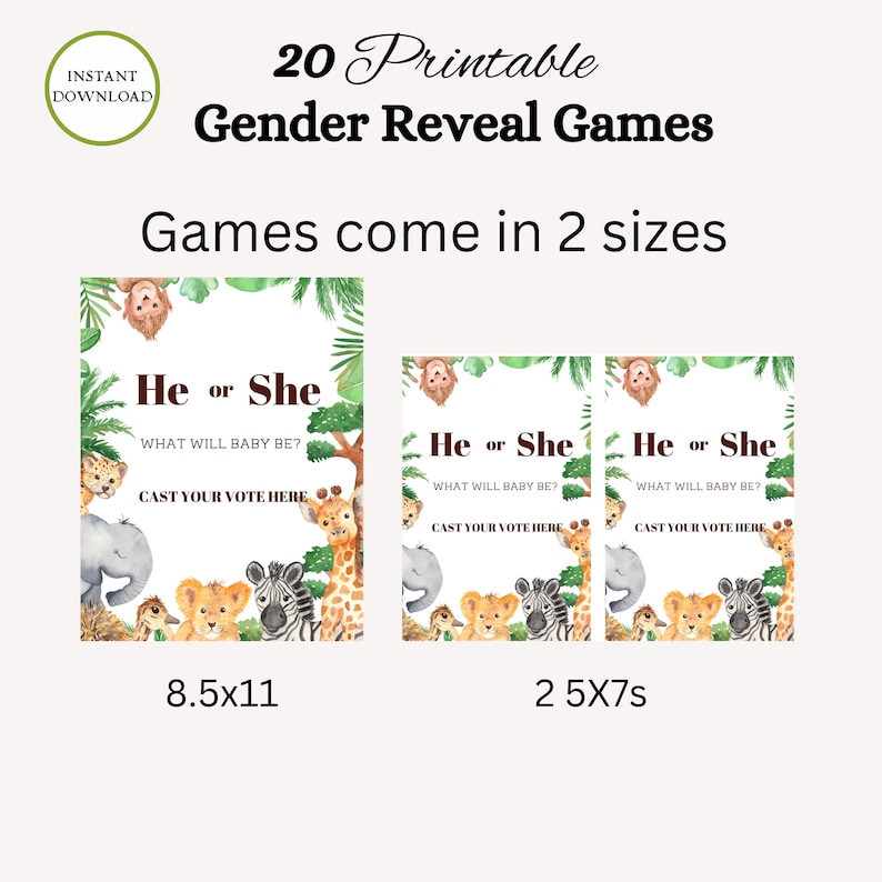 Peut inclure: Cartes de jeu de r&eacute;v&eacute;lation de sexe imprimables sur le th&egrave;me de la jungle avec des animaux comme une girafe, un z&egrave;bre, un lion et un singe. Les cartes sont disponibles en deux tailles&nbsp;: 8,5&nbsp;x&nbsp;11&nbsp;pouces et 2&nbsp;5&nbsp;x&nbsp;7. Le texte sur les cartes indique&nbsp;: &laquo;&nbsp;He or She&nbsp;? What will baby be&nbsp;? Cast your vote here.&nbsp;&raquo;