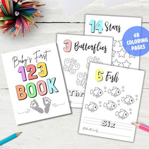 Baby Shower 123 Coloring pages, 123 baby's First book, baby keepsake, Numbers baby book game, Counting Game, Printable Baby Shower activity
