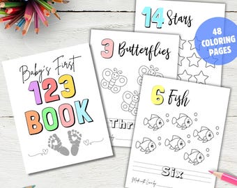 Baby Shower 123 Coloring pages, 123 baby's First book, baby keepsake, Numbers baby book game, Counting Game, Printable Baby Shower activity