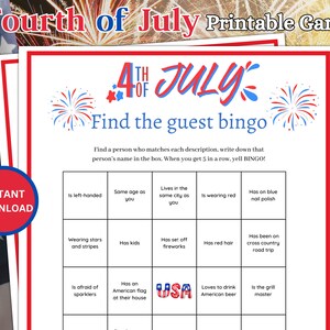 Juego de bingo Find the Person del 4 de julio, juegos familiares imprimibles, juego de fiesta patriótica para niños y adultos, juegos imprimibles de actividades del 4 de julio