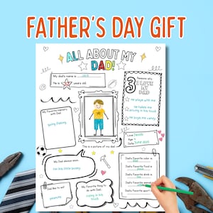 All About My Dad Printable Fathers Day Questionnaire, DIY Fathers Day Coloring Activity, Fill In The Blank Dad Worksheet, Dad Gift from Kids