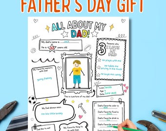 All About My Dad Printable Fathers Day Questionnaire, DIY Fathers Day Coloring Activity, Fill In The Blank Dad Worksheet, Dad Gift from Kids