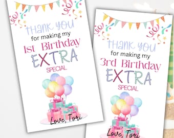 Bewerkbaar voor kinderen bedankje verjaardagscadeaulabel, label verjaardagsbedankje, label verjaardagsfeestje, goodiebag verjaardagsbedankje, afdrukbaar label retourcadeau