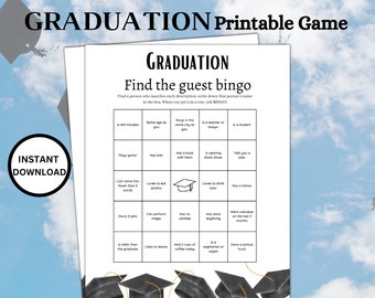 May include: A printable graduation bingo game with a black and white design. The game is designed to be played at a graduation party. The game board has 25 squares with different descriptions of people. Players must find a person who matches each description and write their name in the square. The first person to get 5 in a row yells "Bingo!"