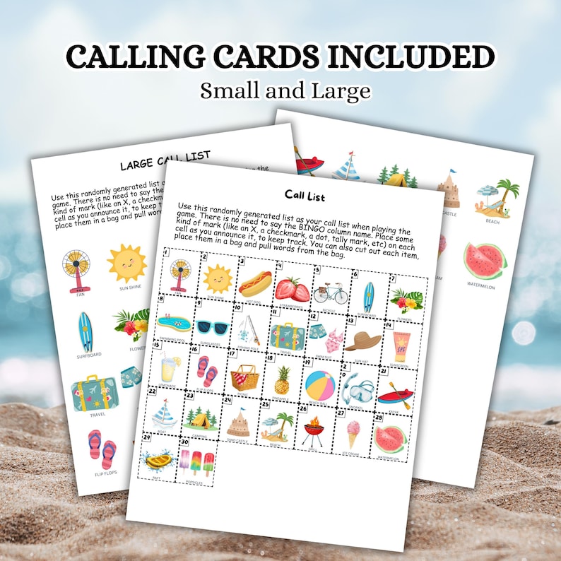 May include: Three white printed calling cards with a summer theme. The cards feature illustrations of beach items, including a sun, watermelon, and sunglasses. The text "CALLING CARDS INCLUDED" is at the top.