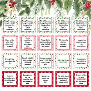May include: A set of 20 printable Christmas gift tags with humorous sayings. The tags are pink and white with red and green polka dots. The tags feature sayings like "This gift has more thought behind it than your New Year's resolutions." and "I totally nailed it this year. Just kidding, I panicked."