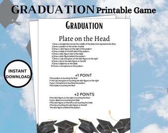 May include: A printable graduation game with instructions to draw on a plate. The game is called "Plate on the Head" and includes instructions for scoring points. The image features a blue sky with white clouds and several black graduation caps with gold tassels.