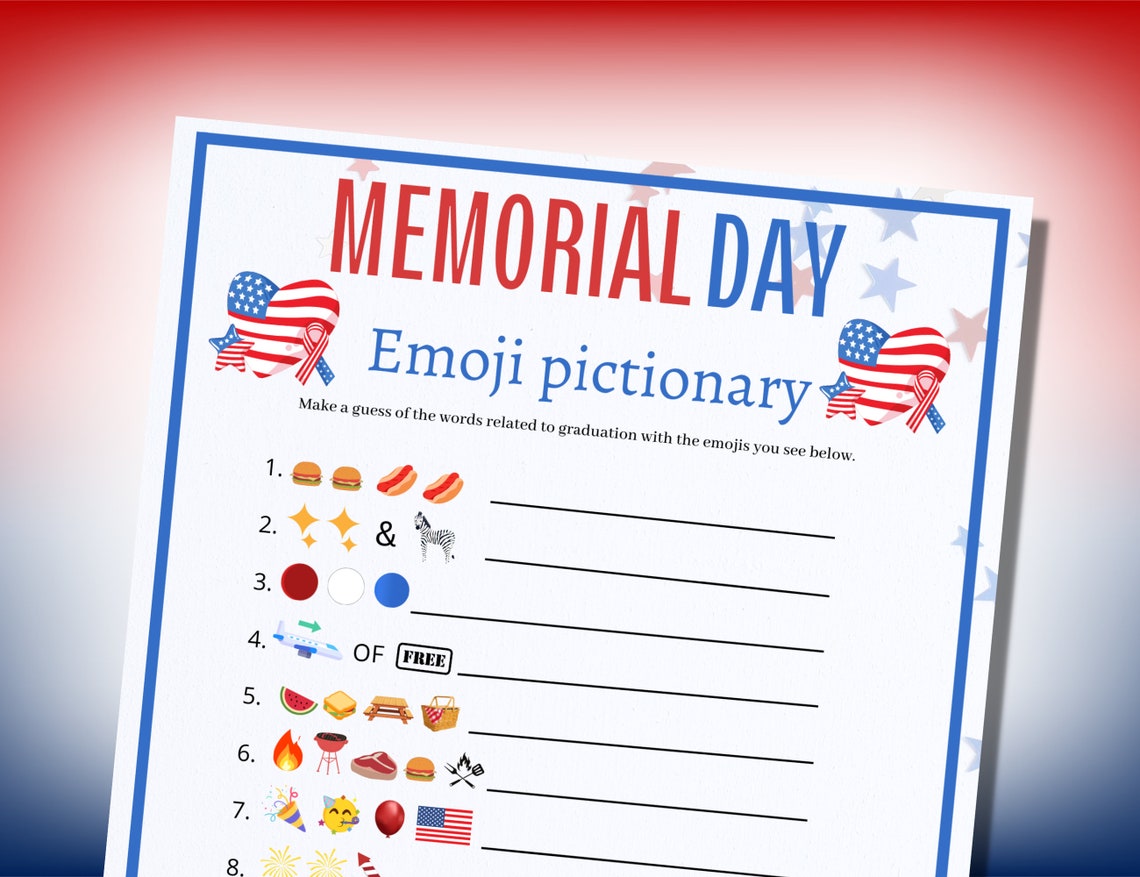 Memorial Day Emoji Game, Printable Family Games, Patriotic Party Games