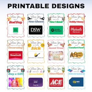 Pu&ograve; includere: Design stampabili con suggerimenti per carte regalo per varie esigenze, tra cui Uber Eats, DSW, Spotify Premium, Michaels e altro. Ogni carta ha un bordo decorativo e testo che indica l'occasione.