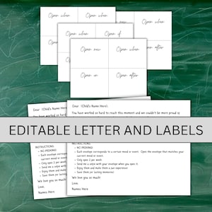 May include: Editable letter and labels for a memory box or time capsule. The labels say "Open when", "Open if", "Open now", "Open on", and "Open after". The letter includes instructions for using the labels and envelopes. The instructions say "No peeking!" and "Each envelope corresponds to a certain mood or event. Open the envelope that matches your current mood or event."