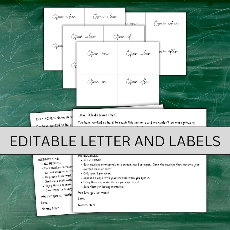 May include: Editable letter and labels for a memory box or time capsule. The labels say "Open when", "Open if", "Open now", "Open on", and "Open after". The letter includes instructions for using the labels and envelopes. The instructions say "No peeking!" and "Each envelope corresponds to a certain mood or event. Open the envelope that matches your current mood or event."