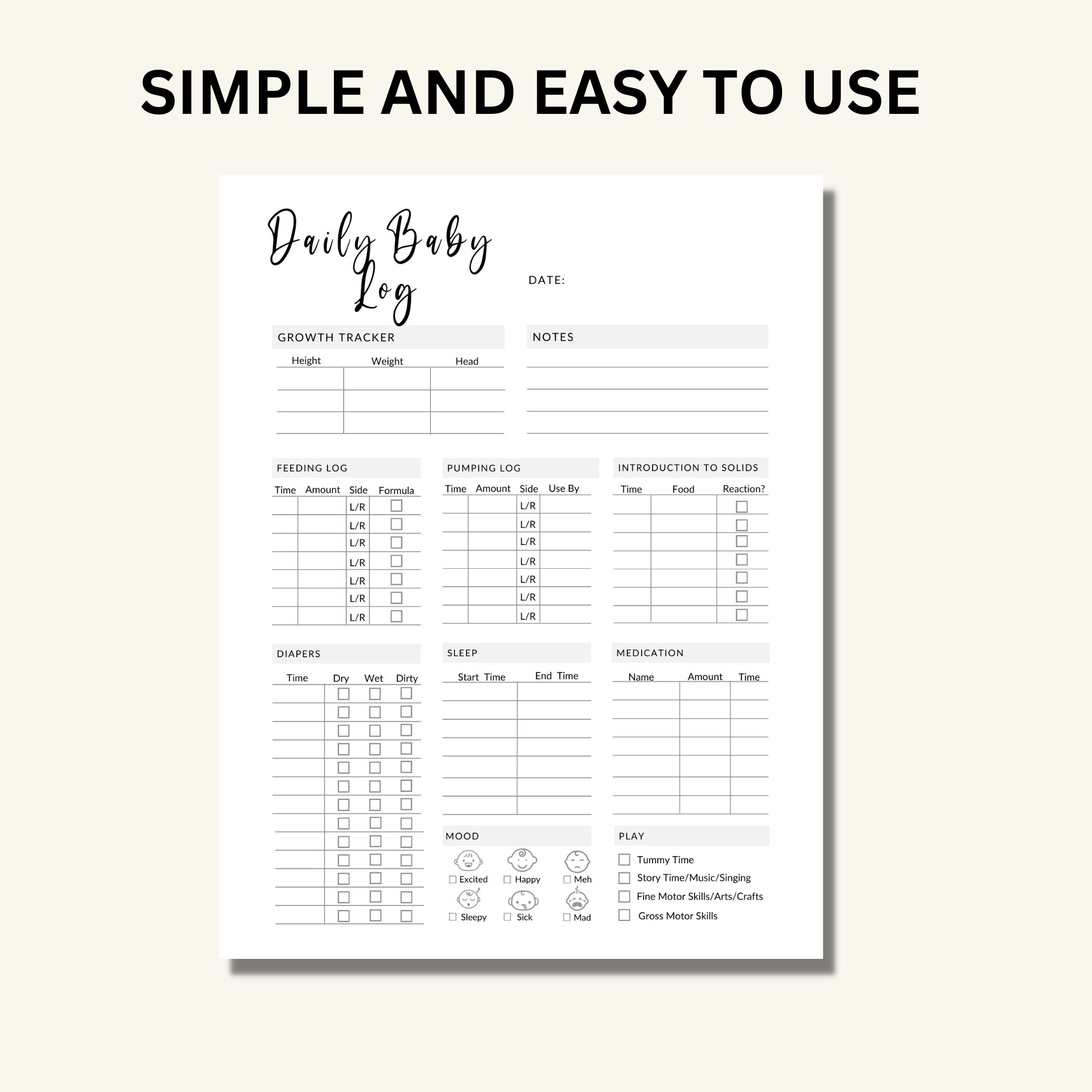 Daily Baby Log, Daily Newborn Tracker, Newborn Nanny Log, Day Care