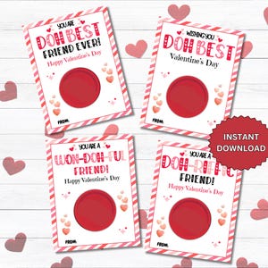 May include: Four printable Valentine's Day cards with pink and white stripes and hearts. Each card has a red circle in the center with the text "You are a..." and a fun, punny phrase. The text "Instant Download" is in a red star shape.