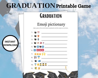 May include: A printable graduation game with a black and white design. The game is called "Emoji Pictionary" and asks players to guess words related to graduation based on emojis. The emojis include a graduation cap, a gift box, a microphone, a wine glass, a star, a medal, a book, a megaphone, a diploma, and a graduation cap.