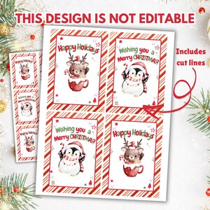 Op de afbeelding: Printbare kerstcadeau-etiketten met een rendier en een pinguin in een mok met rode en witte pepermuntstrepen. De etiketten bevatten de tekst "Prettige Kerstdagen" en "Wij wensen u een vrolijk kerstfeest!"