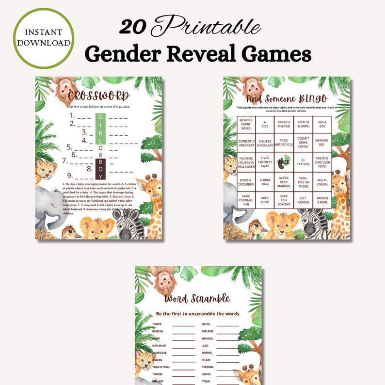 Peut inclure: Un ensemble de 20 jeux de r&eacute;v&eacute;lation de sexe imprimables sur le th&egrave;me de la jungle. Les jeux comprennent un mot crois&eacute;, un bingo et un jeu de mots m&ecirc;l&eacute;s. Les jeux sont illustr&eacute;s d'animaux en aquarelle, dont une girafe, un z&egrave;bre, un lion et un &eacute;l&eacute;phant.
