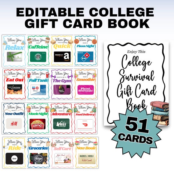 Editable College Survival Gift Card Book, College Care Kit, Fun Graduation or Off-to-College Gift for Students, Open When Cards, Grad Gift