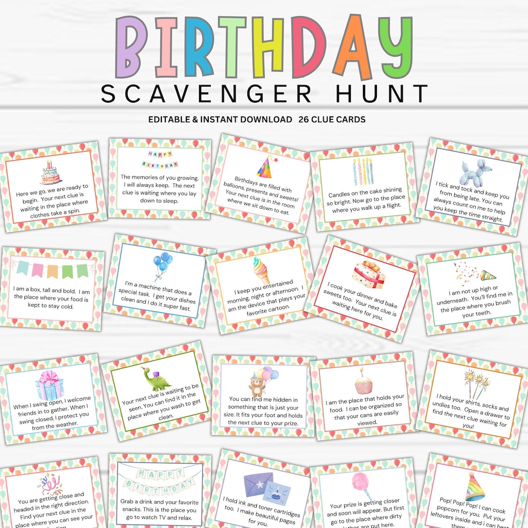 Birthday Scavenger Hunt for Kids, 26 Birthday Hunt Clues, Editable ...