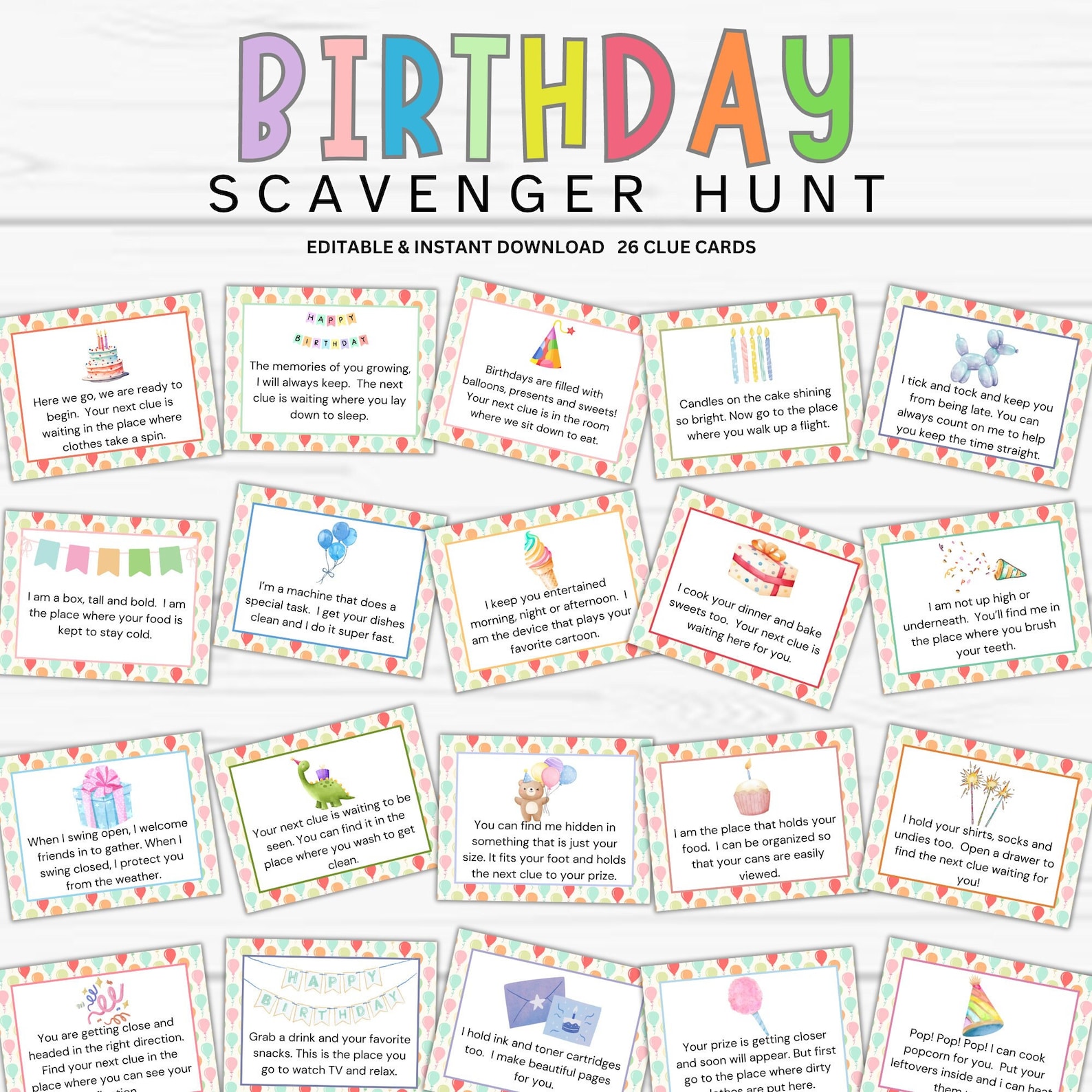 Birthday Scavenger Hunt for Kids 26 Birthday Hunt Clues Editable Birthday Scavenger Hunt Birthday Treasure Hunt Birthday Games Adult Kid