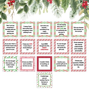 May include: A set of 16 Christmas gift tags with humorous sayings. The tags are red and white striped with green accents. The sayings include "I put zero thought into this. Merry Christmas!" and "I know you wanted a yacht, but this should do."
