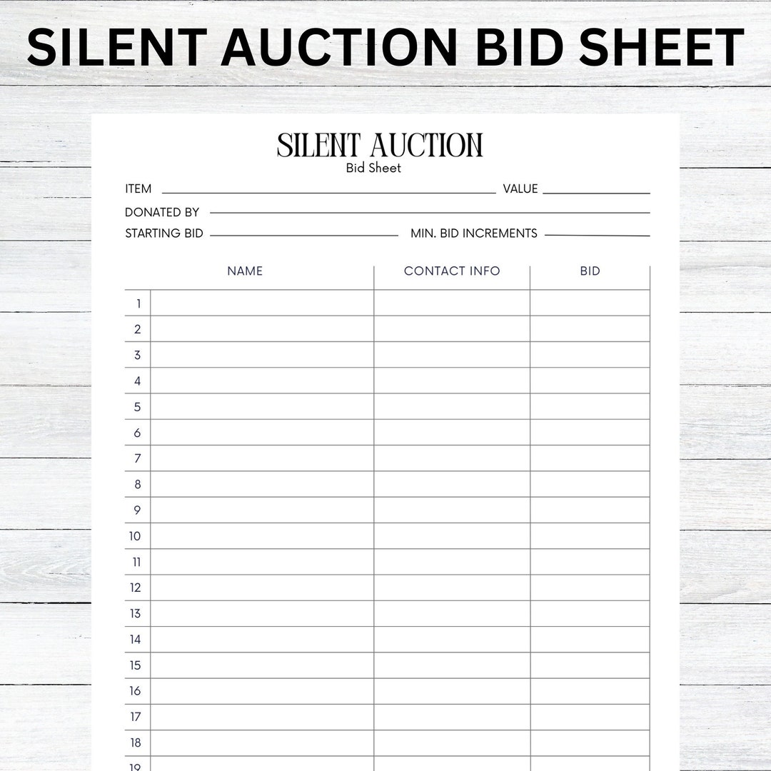 Silent Auction Bid Sheet, Silent Auction Sign up Sheet, Fundraiser Silent Auction Bid Sheet, Silent Auction Sign up Sheet, Fundraiser