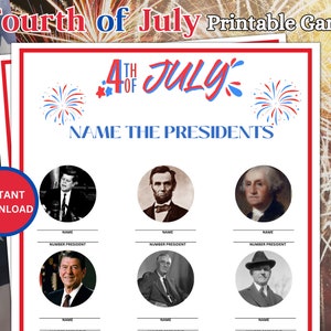 Juego de nombre del presidente del 4 de julio, juegos familiares imprimibles, juegos de fiesta patriótica para adultos y niños, juegos imprimibles de actividades del 4 de julio