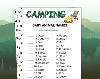 Camping Game for kids & adults, Baby Animal Names Camp Activity, Family Campfire Game, Adult Camping, Camp Party, Printable Camp Game