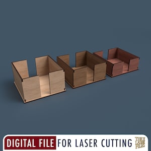 May include: Three wooden boxes with open tops, each with a different wood stain. The boxes are designed for laser cutting and are ideal for organizing small items.