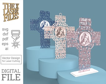 May include: A laser cut wooden cross with the words "Ave Maria Pienadi Grazia" and an image of the Virgin Mary. The cross is on a white stand and is available in blue and pink.