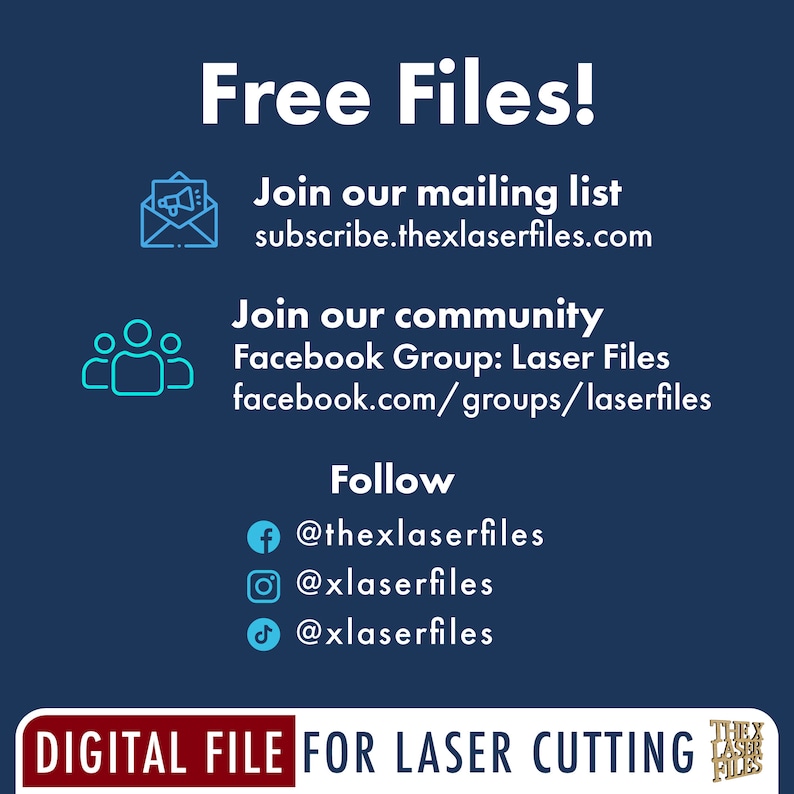 Op de afbeelding: Een blauwe en witte afbeelding met de tekst "Free Files!" en instructies om je aan te melden voor een mailinglijst en een Facebook-groep. De afbeelding bevat ook sociale media-iconen voor Facebook, Instagram en TikTok.