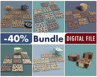 May include: A digital bundle of laser cut files for wooden coasters featuring various motivational and thematic phrases. The collection includes SVG, PDF, DXF, EPS, and AI file formats for crafting. The image displays multiple sets of text-based coasters arranged in grids, some stacked, alongside coffee mugs and a compass.