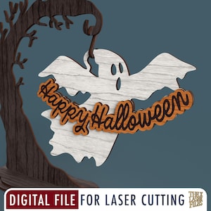 Happy Halloween Ghost hanging from tree - Laser Cut File svg dxf pdf eps ai DIGITAL FILE