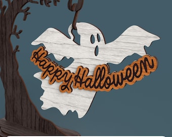 Halloween Ghost Laser Cut File – Hanging Tree Scene (Digital File)