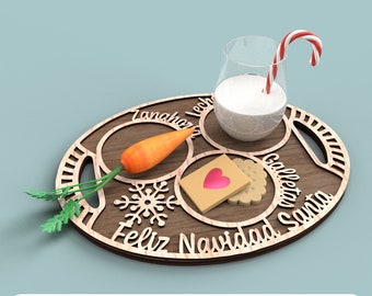 May include: A wooden tray with four sections for Santa's treats. The sections are labeled "Zanahoria", "Leche", "Galletas", and "Feliz Navidad". The tray has a snowflake design in the center.