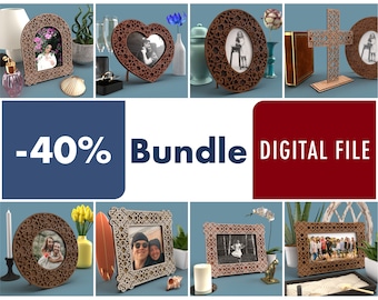 May include: A digital file bundle of laser cut photo frames and a cross. The frames are in various shapes, including heart, oval, and square. The bundle includes SVG, PDF, DXF, EPS, and AI files. -40% Bundle DIGITAL FILE