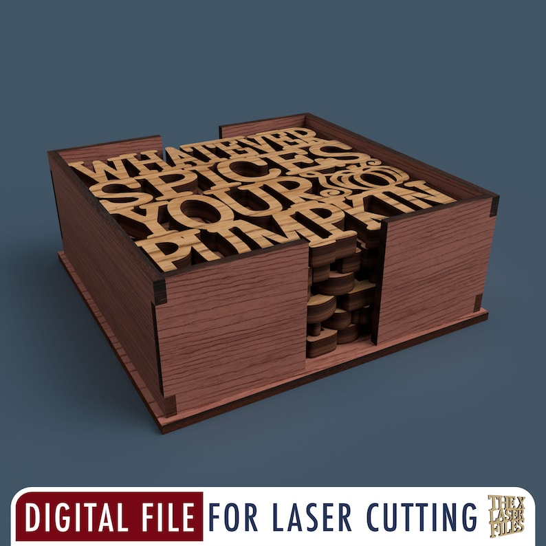 May include: Wooden box with a stack of laser cut wooden letters spelling "Whatever Spices Your Pumpkin".