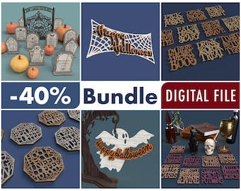 May include: A digital Halloween bundle featuring laser cut files in SVG, PDF, DXF, EPS, and AI formats. The collection includes wooden tombstones, a spider web sign, various text-based coasters, a ghost ornament, and decorative Halloween-themed plaques.