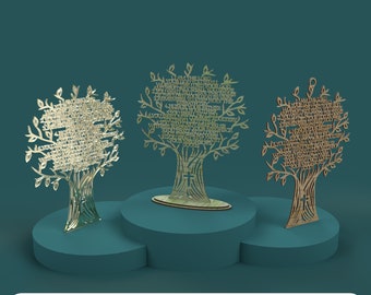 May include: Three laser cut wooden tree designs with the Ten Commandments written on the leaves. The trees are on a teal platform. Digital file for laser cutting.