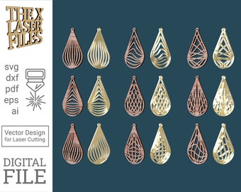 May include: Set of 18 laser cut earring designs in a teardrop shape. The designs are in two color variations: gold and brown. The designs include geometric patterns, wavy lines, and a grid pattern.
